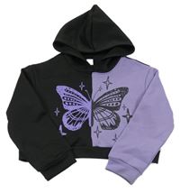 Čierno-fialová športová crop mikina s motýlkom a kapucňou Shein
