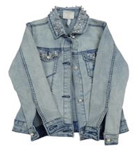 Svetlomodrá rifľová bunda s perlami