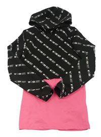 Černá sportovní crop mikina s nápisy, všitým topem a kapucí 