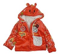 Červená plyšová zateplená bunda so smajlíkmi a kapucňou