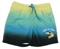 Žlto-modro-čierne plážové kraťasy s dinosaurom