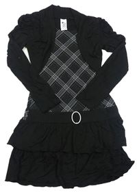 Čierno-tmavosivé kárované šaty s volánikom a bolérkem C&A