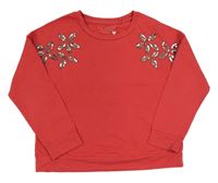 Červená oversize mikina s květy z flitrů a korálků zn. Next