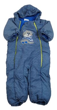 Modrá melírovaná šušťáková zimná kombinéza s medvedíkom a kapucňou s uškami Ergee