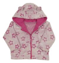 Tmavorůžovo-biela plyšová bunda s hviezdičkami a kapucňou s uškami Ergee