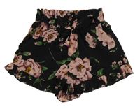 Černé paper bag kraťasy s kytičkami a volánky a zavazováním SHEIN