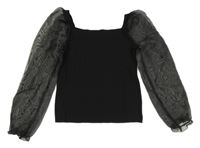 Čierny rebrovaný crop sveter s organzovými balonovými rukávy RIVER ISLAND