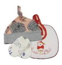 3set - Růžovo-šedá květovaná bavlněná čepice + bílý slinták s medvědem + smetanové rukavičky s medvědy