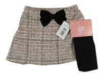 Nové - 2set - Bielo-čierno-ružové melírované trblietavé vlnené sukňové kraťasy s mašlí + čierne pančuchy Matalan