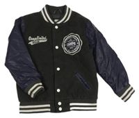 Antracitovo-tmavomodrá flaušovo/koženková zateplená baseballová bunda s nášivkou