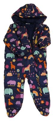 Tmavomodrá šušťáková zimná kombinéza so zvířaty a kapucí + rukavice Next