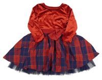 Červeno-tmavomodré sametovo/kostkované šaty s mašlí St. Bernard