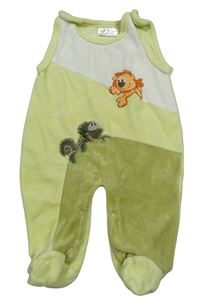 Zelenkavo-zeleno-bílé sametové dupačky s lvem a dinosaurom