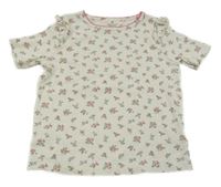 Smotanové kvetované rebrované tričko s volánikmi H&M