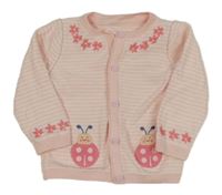 Světlerůžovo-bílý pruhovaný propínací svetr s beruškami a výšivkami květin Mothercare