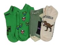 4x kotníkové ponožky - 2x zelené s Minecraft + zeleno-černo-smetanové s Minecraft + béžové s dinosaurom