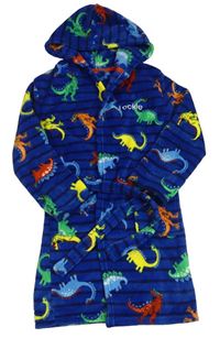 Tmavomodro-farebný chlpatý župan s dinosaurami a kapucňou