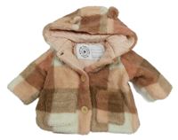 Starorůžovo-hnedo-smotanová kockovaná huňatá podšitá bunda s kapucňou George