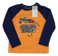 Nové - oranžovo-tmavomodrá fleecová mikina s nápisom a raketou Primark