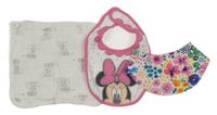 3 set - bílo-růžový bryndák s Minnie + květovaný slinták + bílá mušelínová žínka se slony 