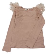 Starorůžové žebrované triko s tylovými volánky s flitry H&M