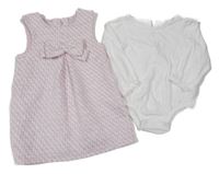 2 set - růžovo-bílé vzorované úpletové šaty s mašlí + bílé body F&F