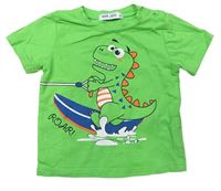 Zelené tričko s dinosaurem na surfu