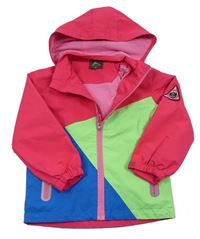 Neonově růžovo-zeleno-modrá šusťáková podzimní bunda s kapucí