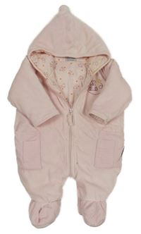 Svetloružová zamatová zateplená kombinéza s medvedíkom a kapucňou