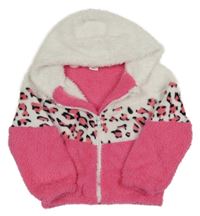 Bielo-ružovo-čierna chlpatá prepínaci mikina s leopardí vzorom a kapucňou