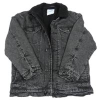 Tmavosivá rifľová zateplená bunda s huňatým golierom Primark