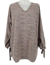 Nové - Dámske svetloružová -čierne melírované úpletové tričko s mašľami