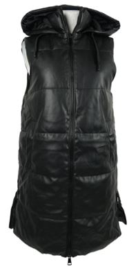 Dámská černá koženková zateplená maxi vesta s kapucí Primark 