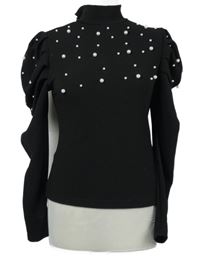 Dámska čierna blúzka s perličkami a nabíranými rukávy Shein