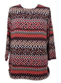 Dámske červeno-tmavomodro-béžové vzorované tričko