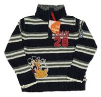Nové- Tmavomodro-bílo-khaki pruhovaný žinylkový svetr s Mickey Mousem Disney