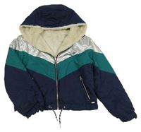 Tmavomodro-stříbrno-zelená šusťáková zateplená oboustranná crop bunda s kapucí 