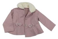 Růžový flaušový kabátek s kožúškom a mašličkami Shein