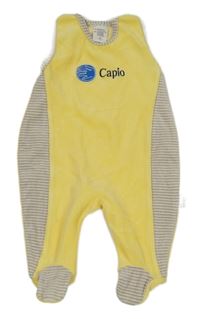 Žluto-šedé pruhované sametové dupačky s nápisom