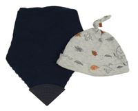 2set - Šedá čepice s listy + tmavomodrý slinták s kousátkem