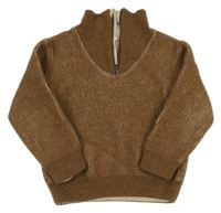 Hnědo-béžový pruhovaný vlněný svetr se stojáčkem 