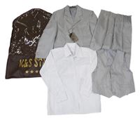 Nové 4set - Šedé pruhované sako + kalhoty + košile + vesta 