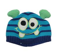 Tyrkysovo-tmavomodrá pruhovaná pletená podšitá čapica s príšerkou Miniclub