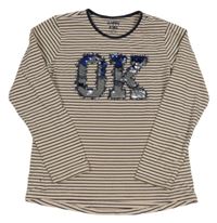 Béžovo-tmavomodré proužkované triko s nápisem z flitrů Tchibo 