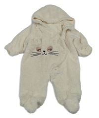Smetanová chlupatá podšitá kombinéza s kočičkou a kapucí So Cute 