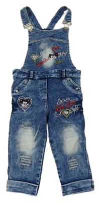 Modro-biele batikované na traké rifle s výšivkou a kamienkami