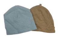 2x - Světlemodrá pletená + béžová bavlněná čepice s puntíky 