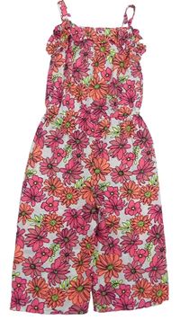 Smetanovo-ružovo-korálový kvetovaný nohavicový culottes overal s volánikom NUTMEG