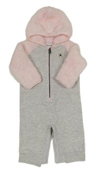 Světlešedo/růžová melírovaná teplákovo/chlupatá kombinéza s nášivkou a kapucí converse