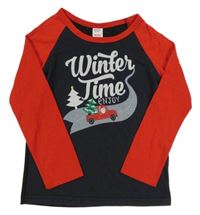 Černo-červené pyžamové vánoční triko s nápisy a autem a Santou PatPat